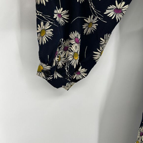PRADA Navy Blue White 100% Silk Daisy Print Button Up Long Sleeve Mini Dress 8 - Picture 7 of 8